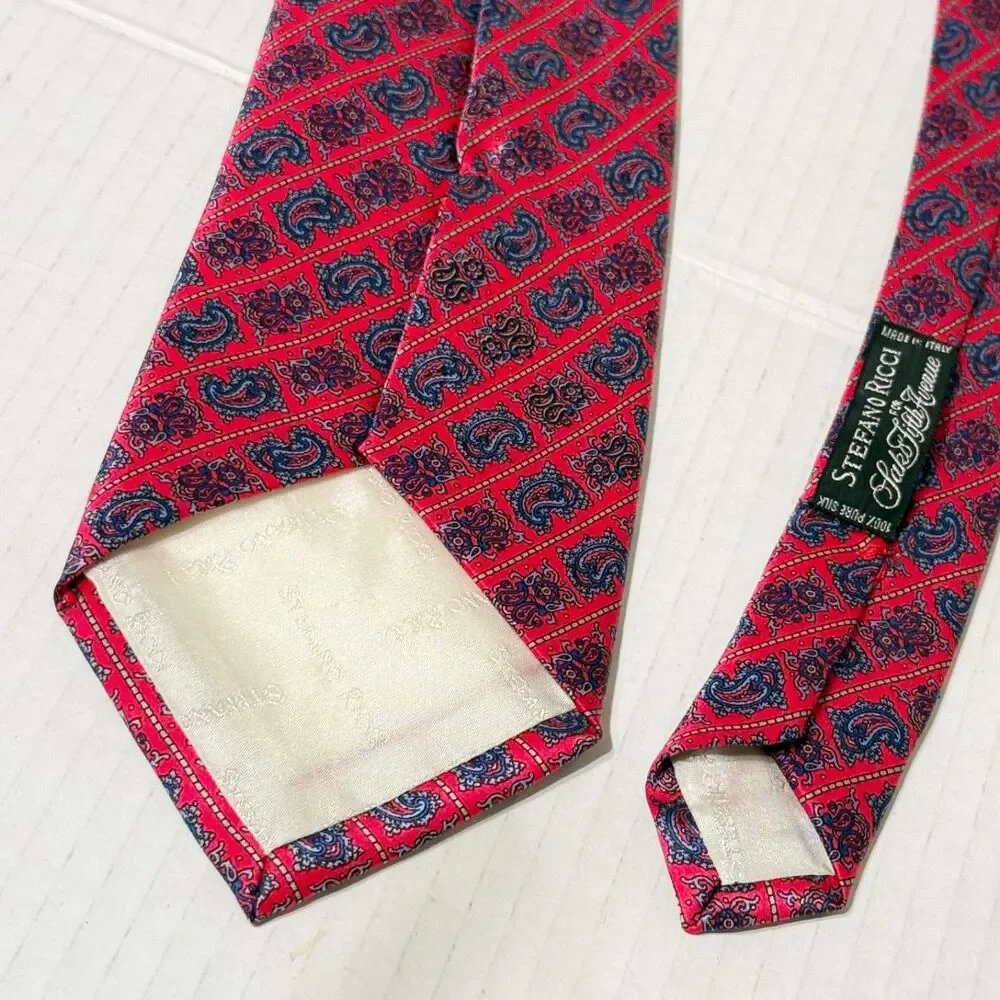 Stefano Ricci for Saks Fifth Avenue Tie Silk Vibrant Red Grid of Small Paisleys